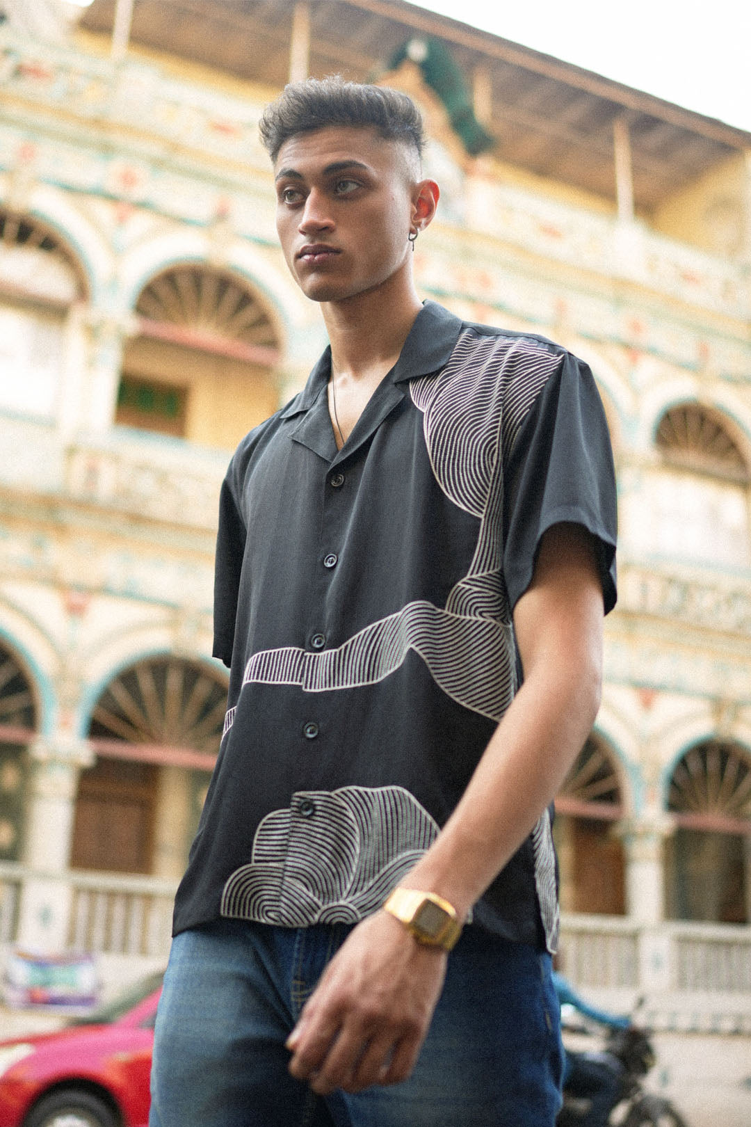 BLACK ILLUSION EMBROIDERED SATIN SHIRT