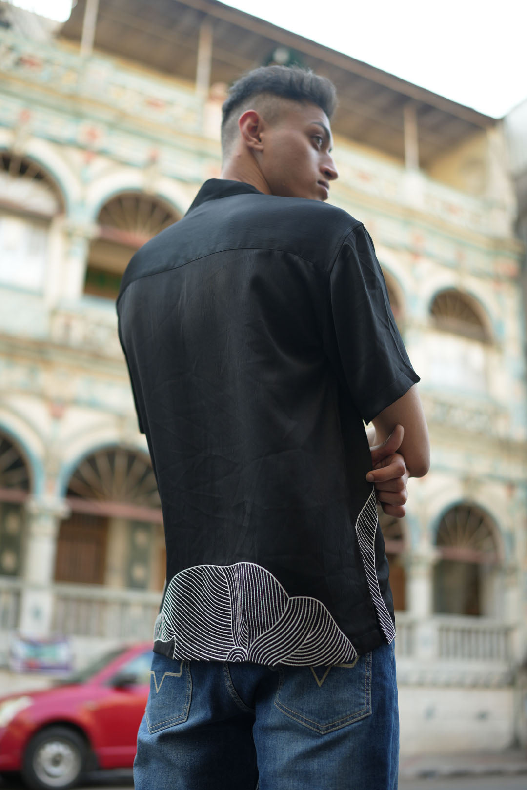 BLACK ILLUSION EMBROIDERED SATIN SHIRT