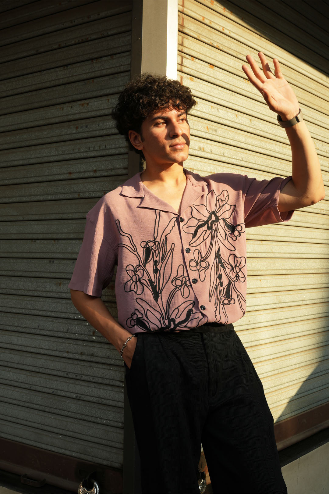 DUST PINK EMBROIDERED SATIN SHIRT