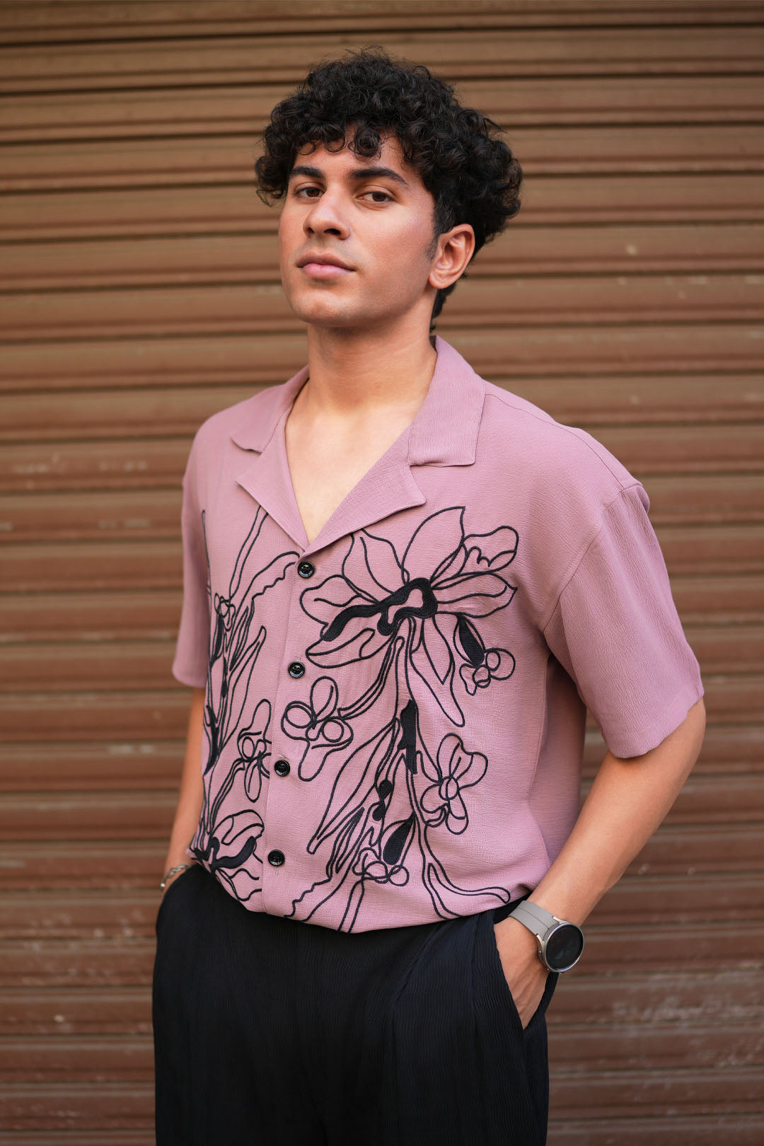 DUST PINK EMBROIDERED SATIN SHIRT