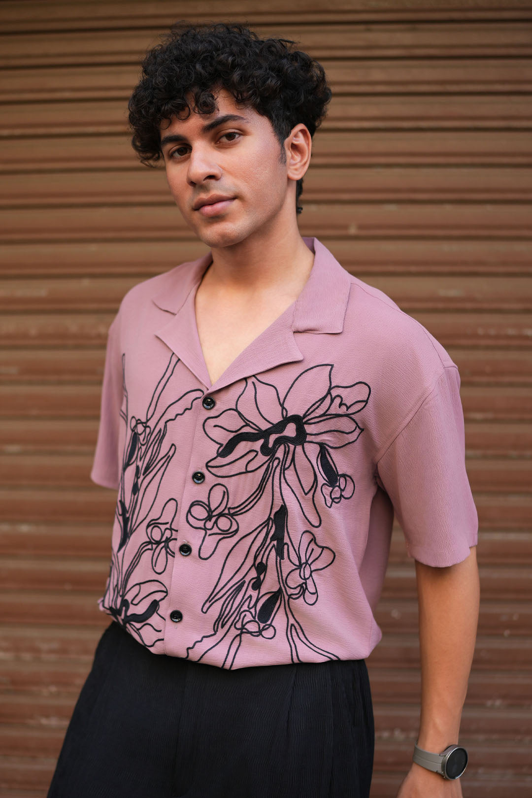 DUST PINK EMBROIDERED SATIN SHIRT