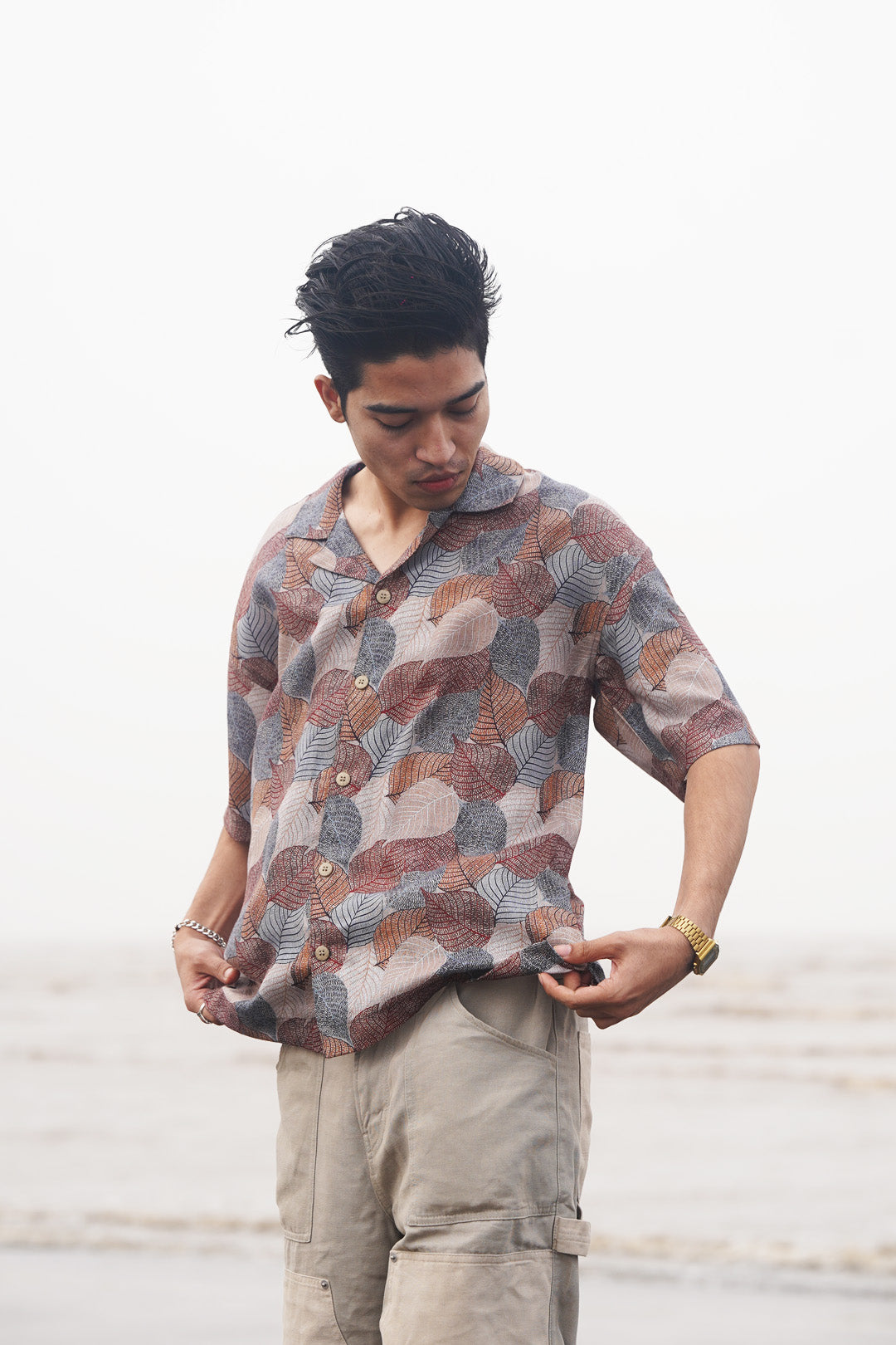 LEAF PRINT LINEN BLEND SHIRT