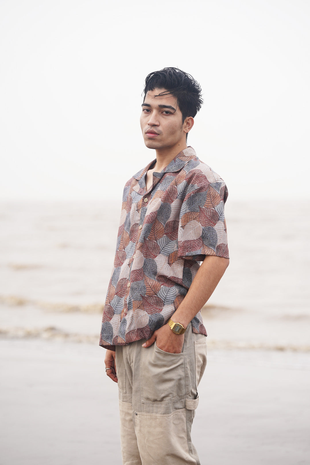 LEAF PRINT LINEN BLEND SHIRT
