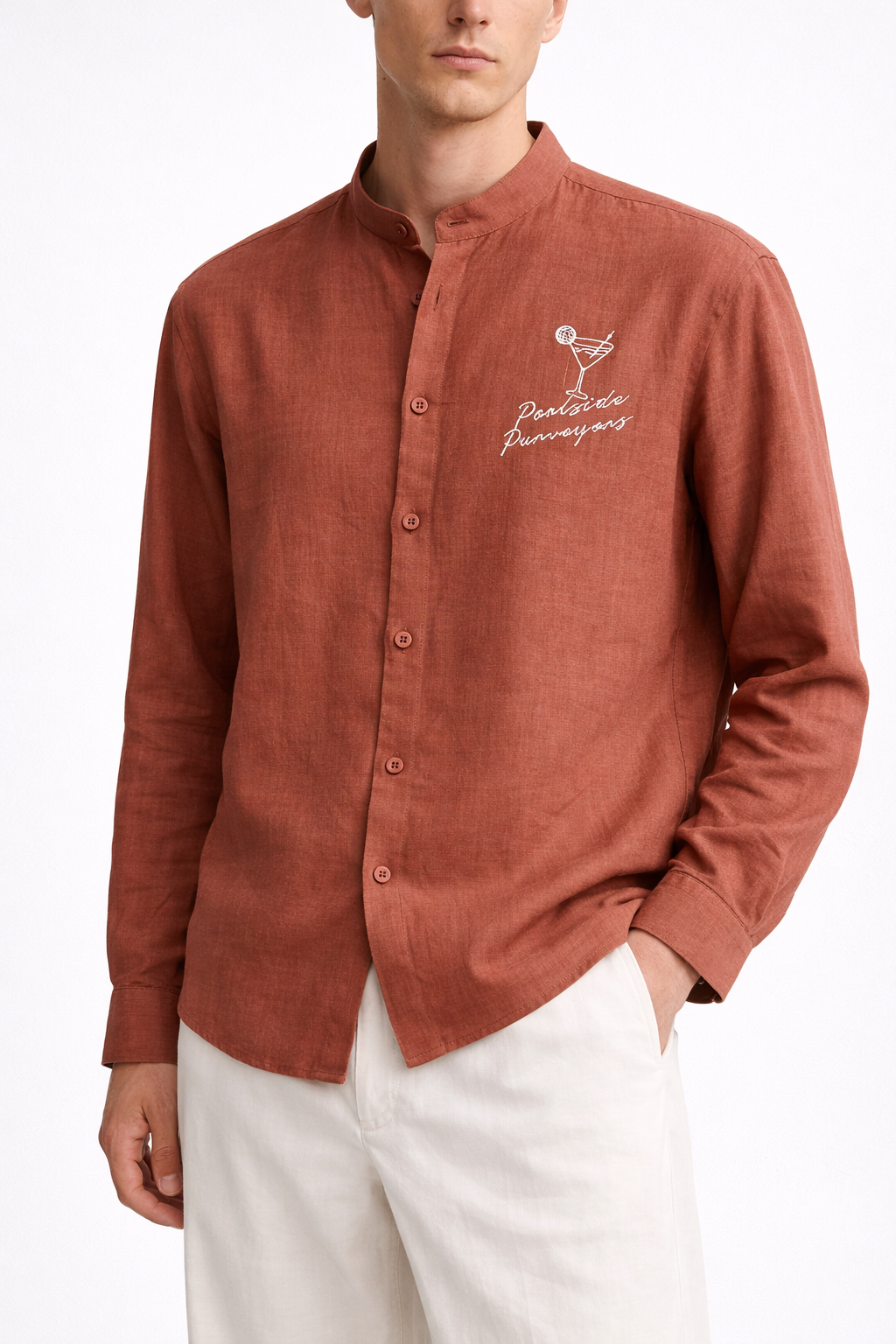 RUST BAND COLLAR LINEN SHIRT