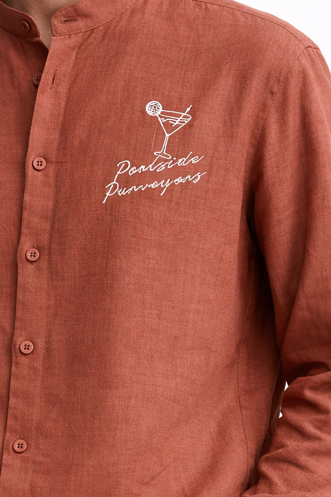 RUST BAND COLLAR LINEN SHIRT