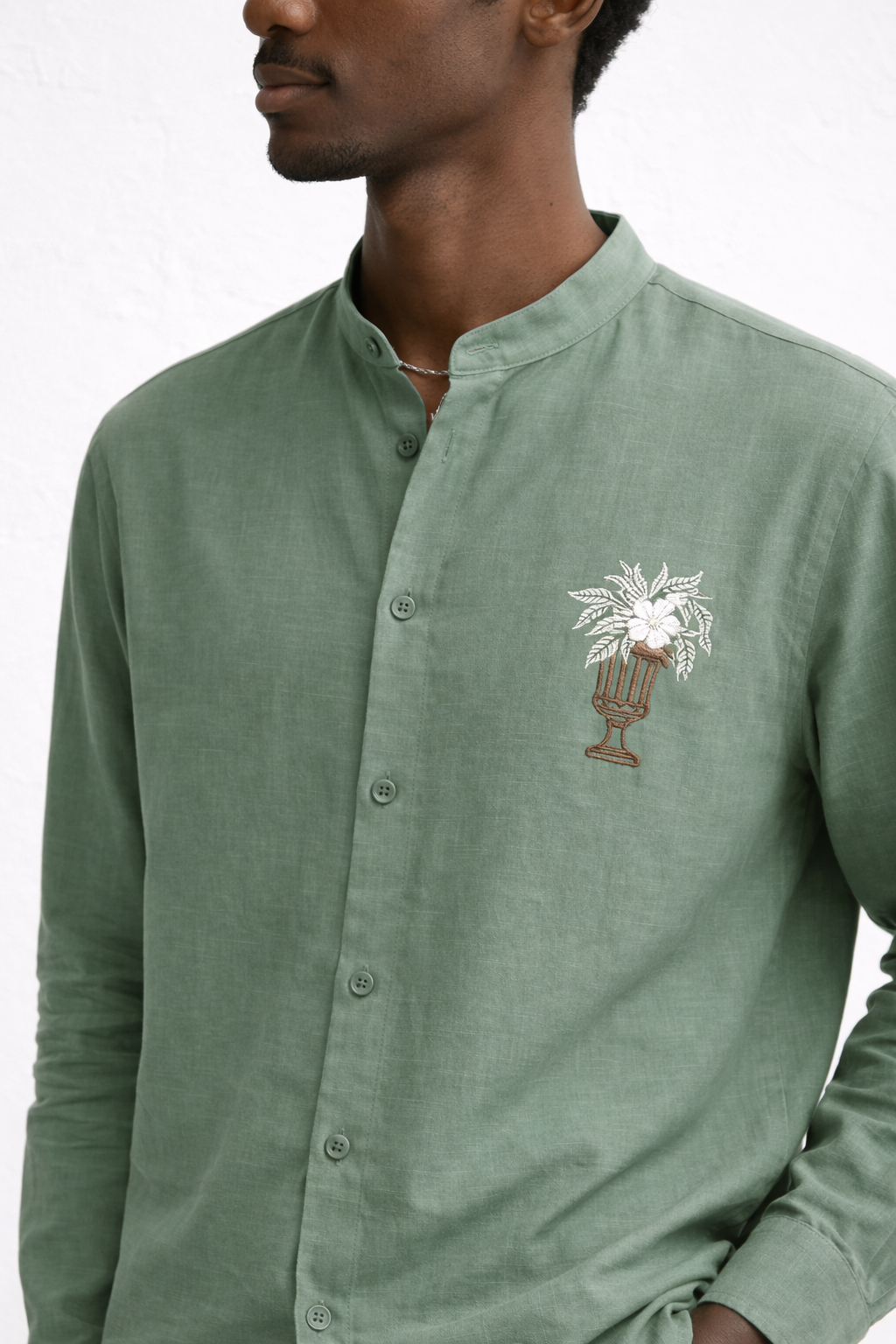 GREEN BAND COLLAR LINEN SHIRT
