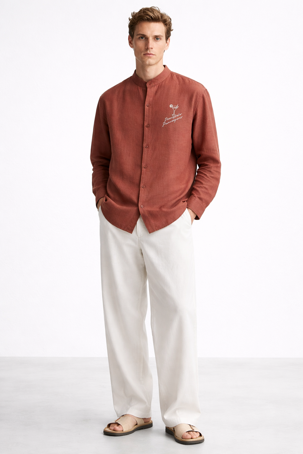 RUST BAND COLLAR LINEN SHIRT