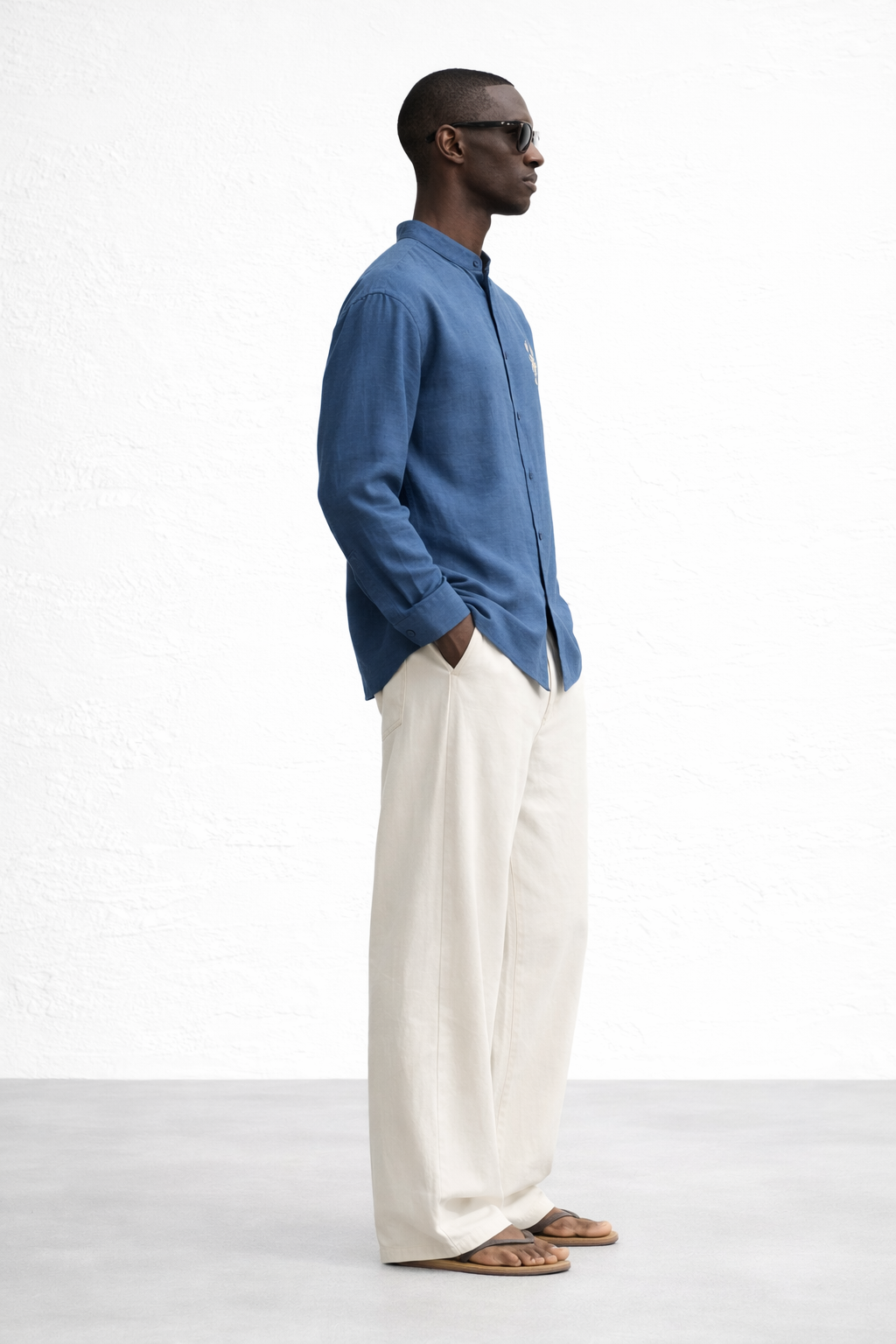 BLUE BAND COLLAR LINEN SHIRT