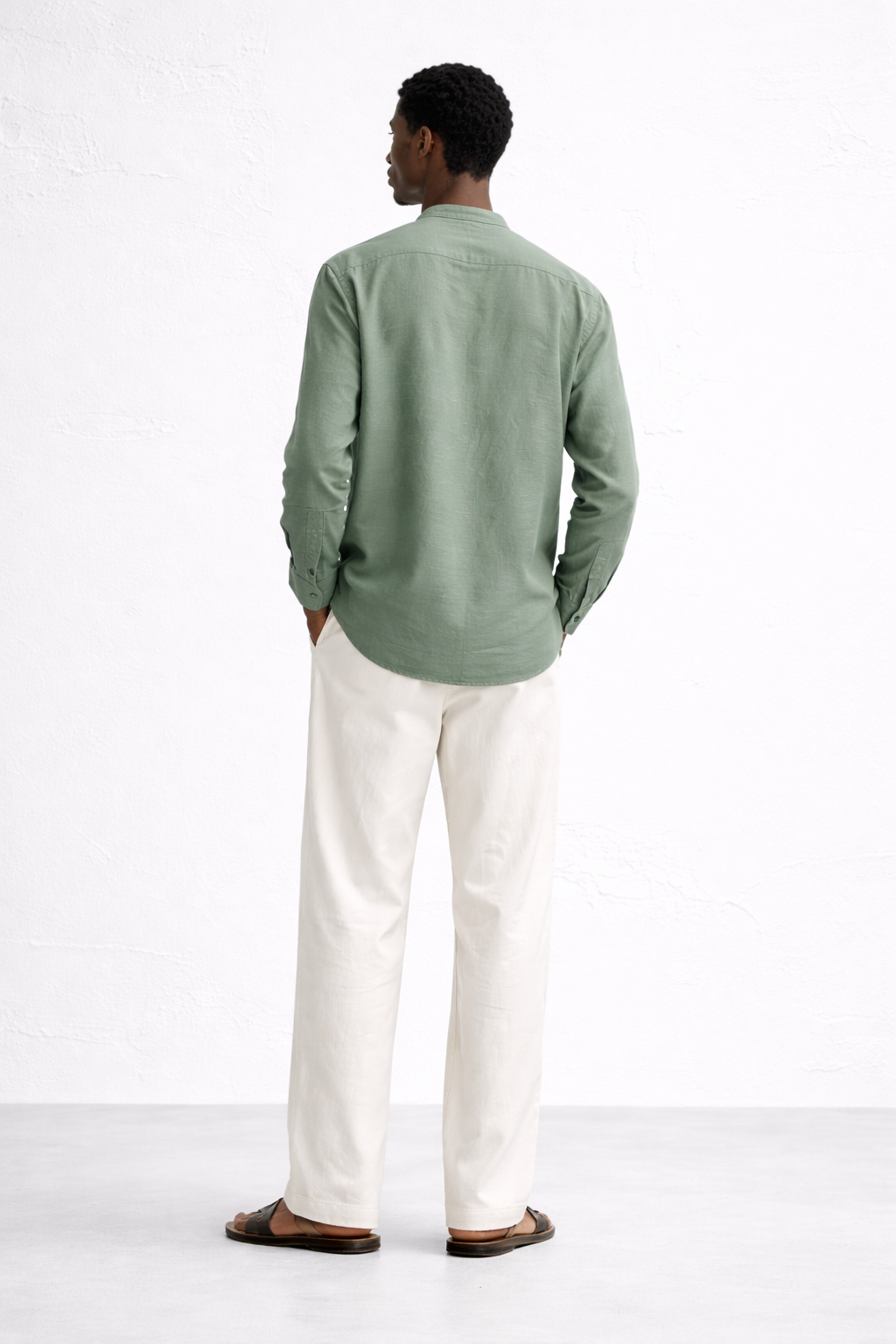 GREEN BAND COLLAR LINEN SHIRT