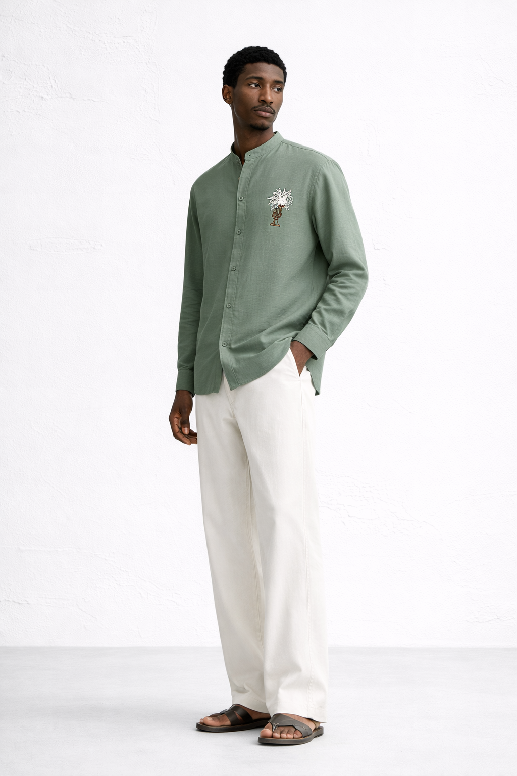GREEN BAND COLLAR LINEN SHIRT