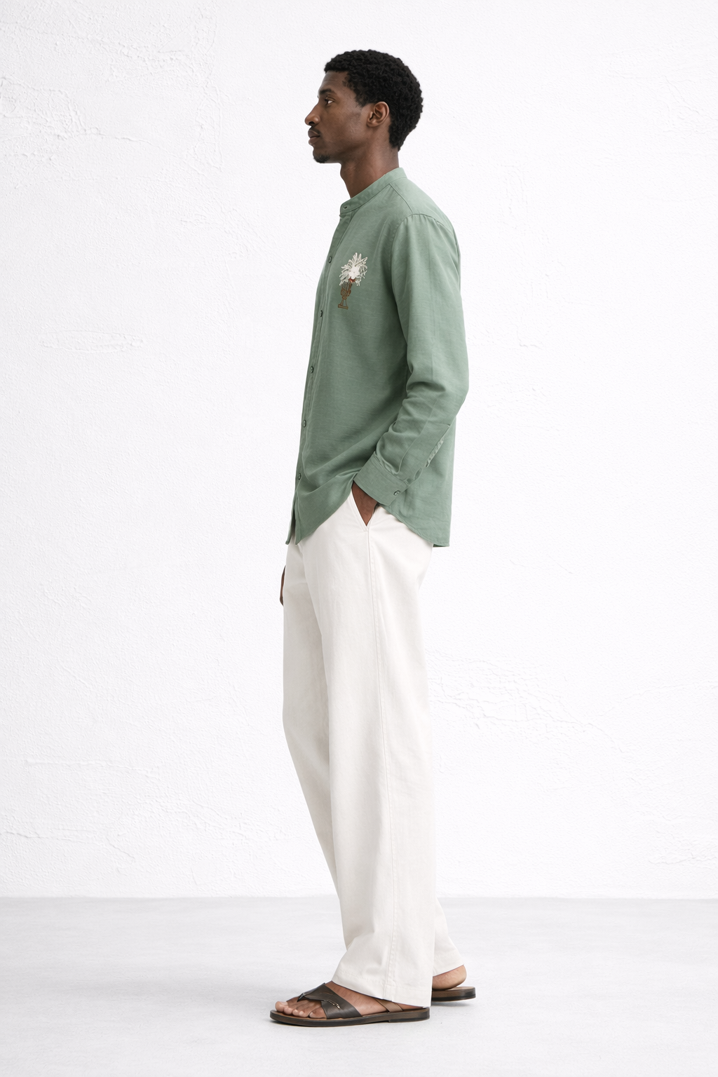 GREEN BAND COLLAR LINEN SHIRT