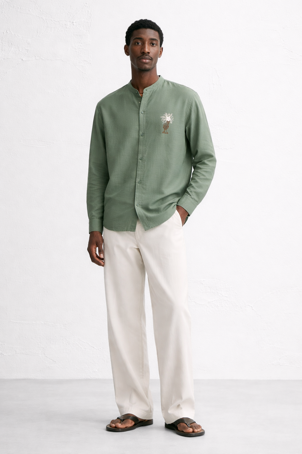 GREEN BAND COLLAR LINEN SHIRT