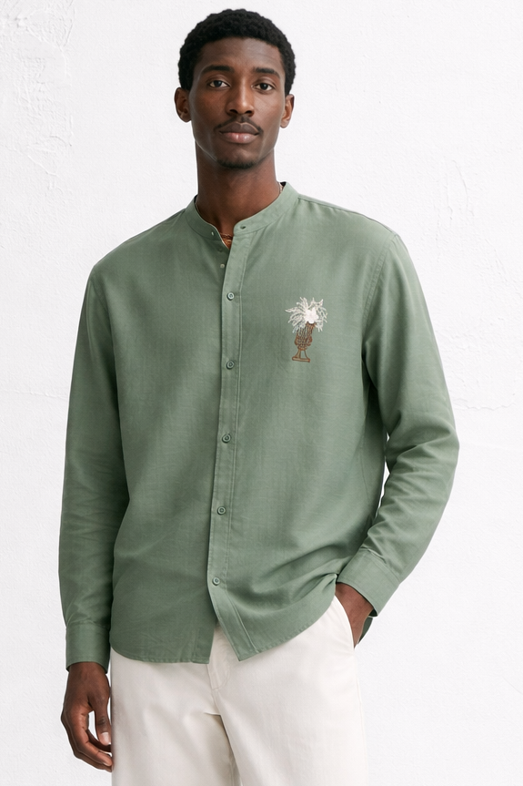 GREEN BAND COLLAR LINEN SHIRT
