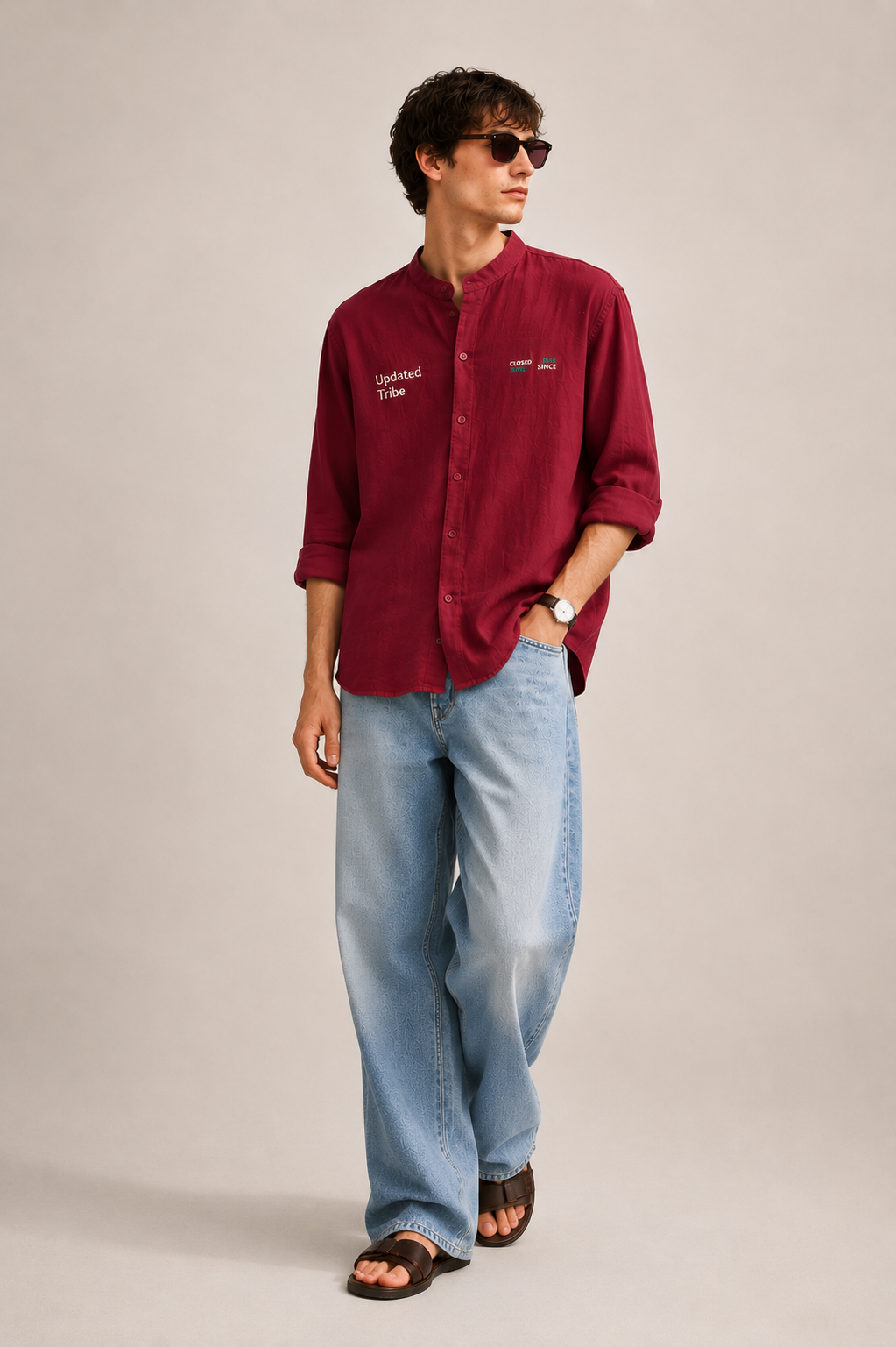 RED BAND COLLAR LINEN SHIRT