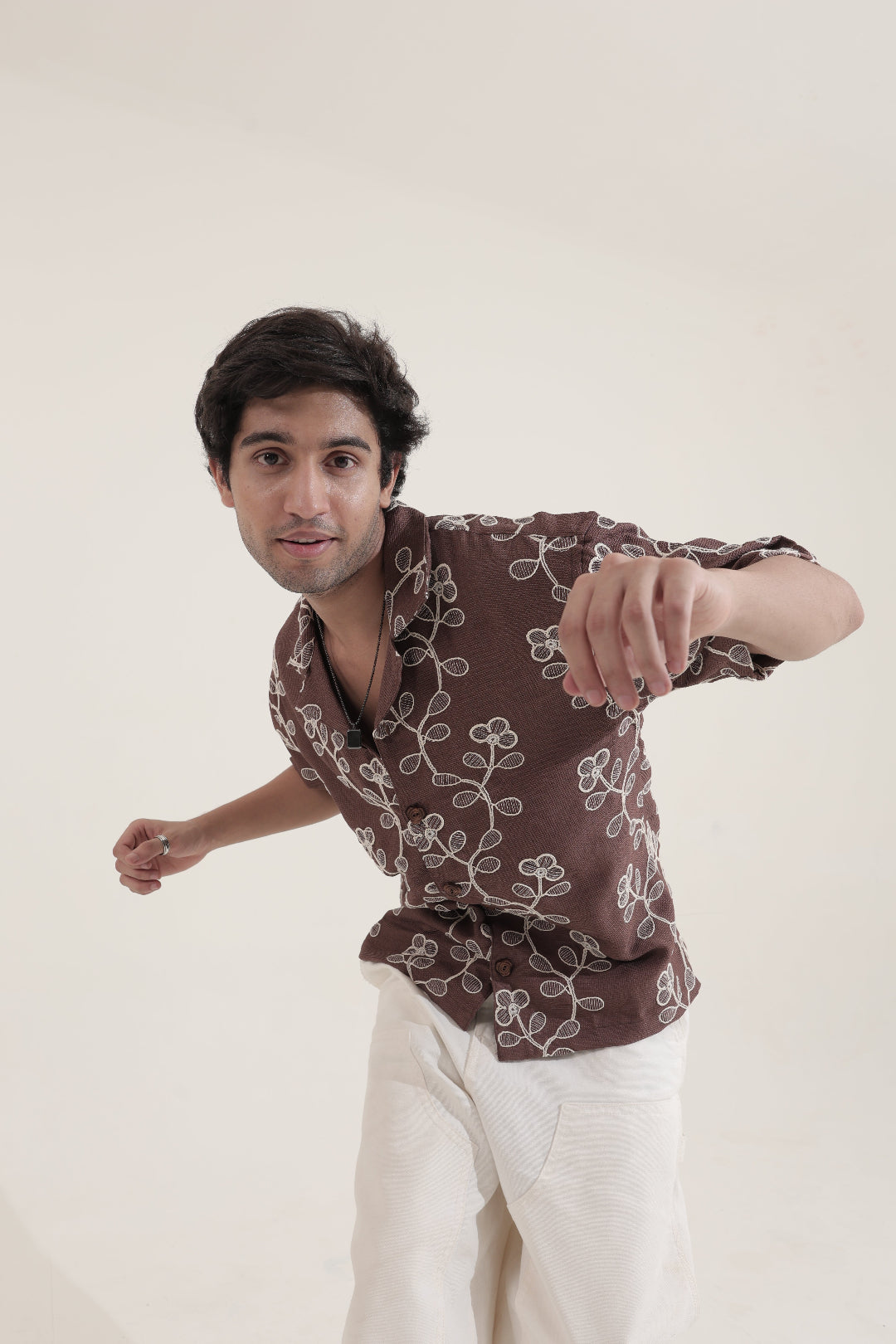 PETAL WORK BROWN EMBROIDERED SHIRT