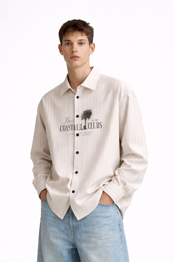 BROWN STRIPED LINEN FULL SLEEVE SHIRT