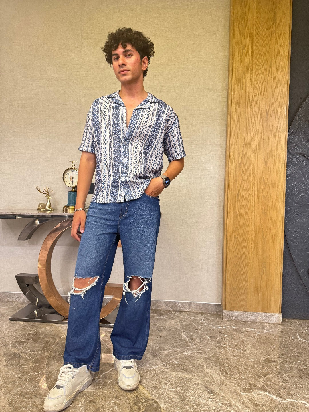 CABLE KNIT STRIPED PRINTED OVERSIZED SHIRT