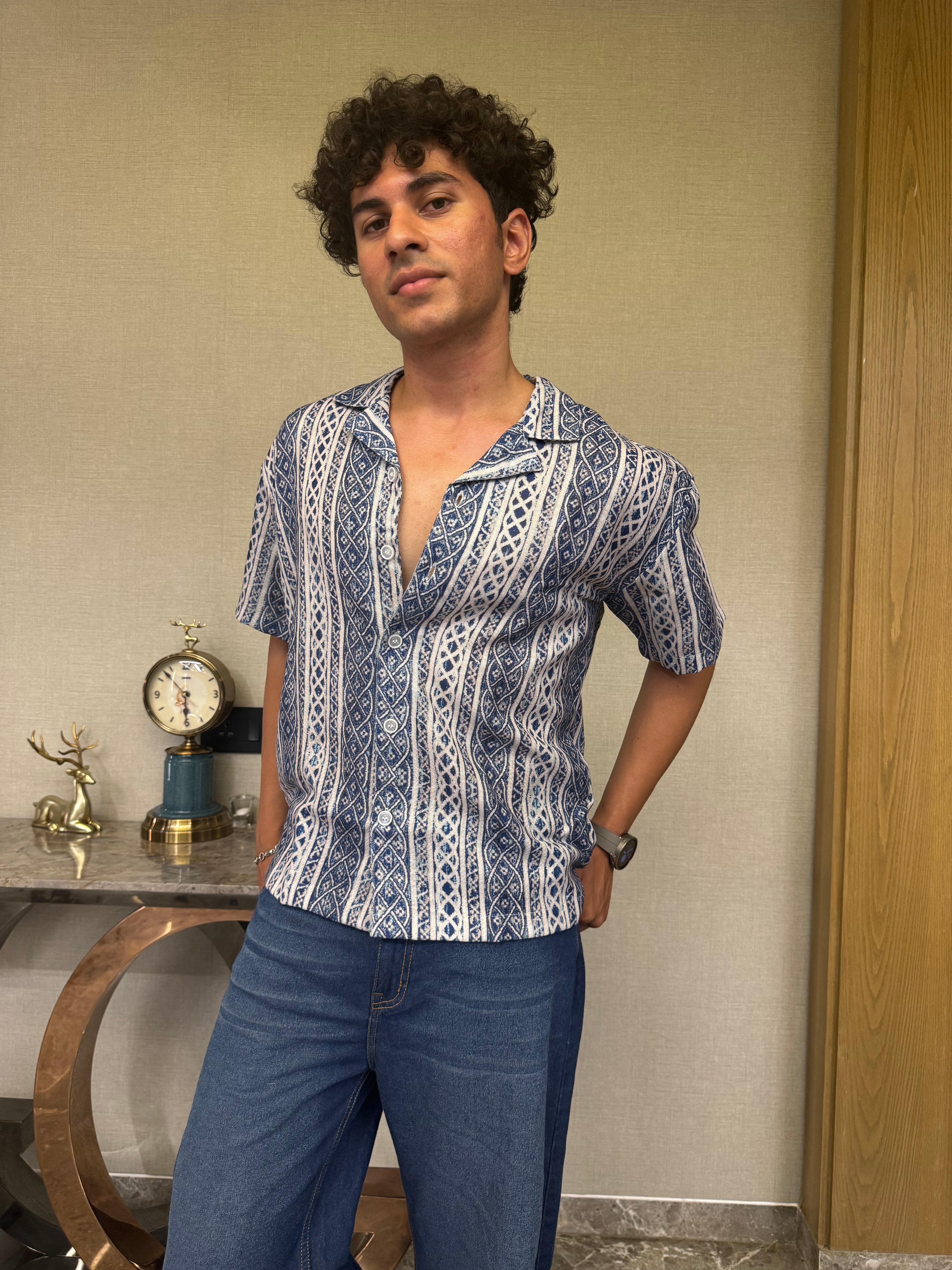 CABLE KNIT STRIPED PRINTED OVERSIZED SHIRT