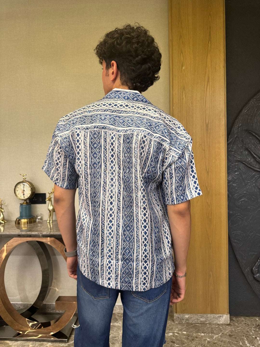 CABLE KNIT STRIPED PRINTED OVERSIZED SHIRT