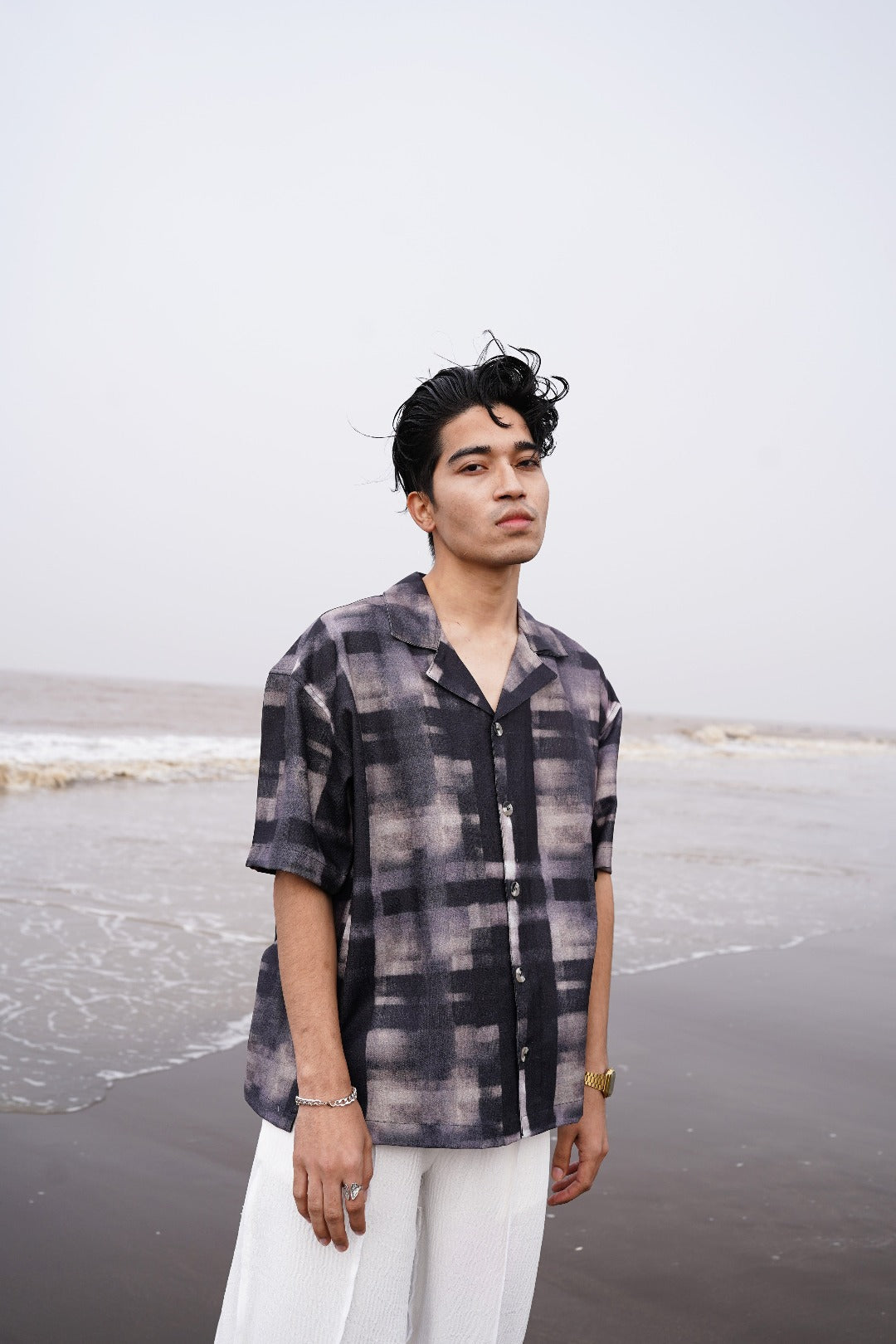 MONOTONE CHECK PRINTED LINEN SHIRT
