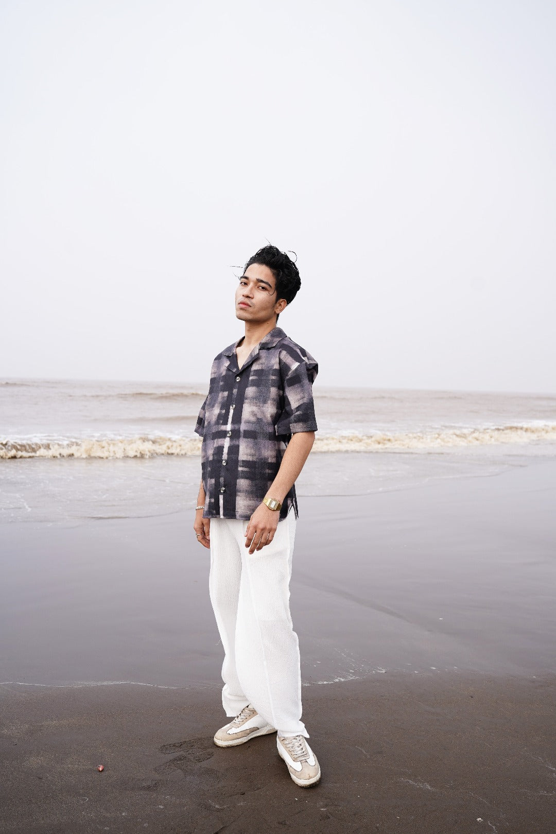 MONOTONE CHECK PRINTED LINEN SHIRT