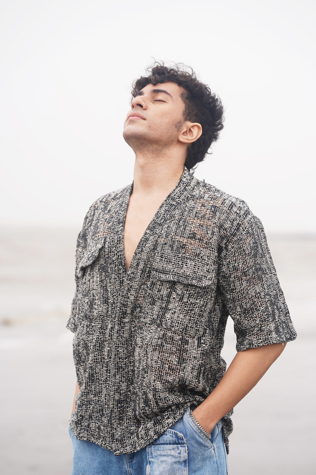 TEXTURED CROCHET SHIRT WITH POCKETS