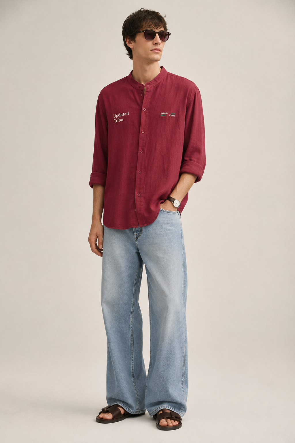 RED BAND COLLAR LINEN SHIRT