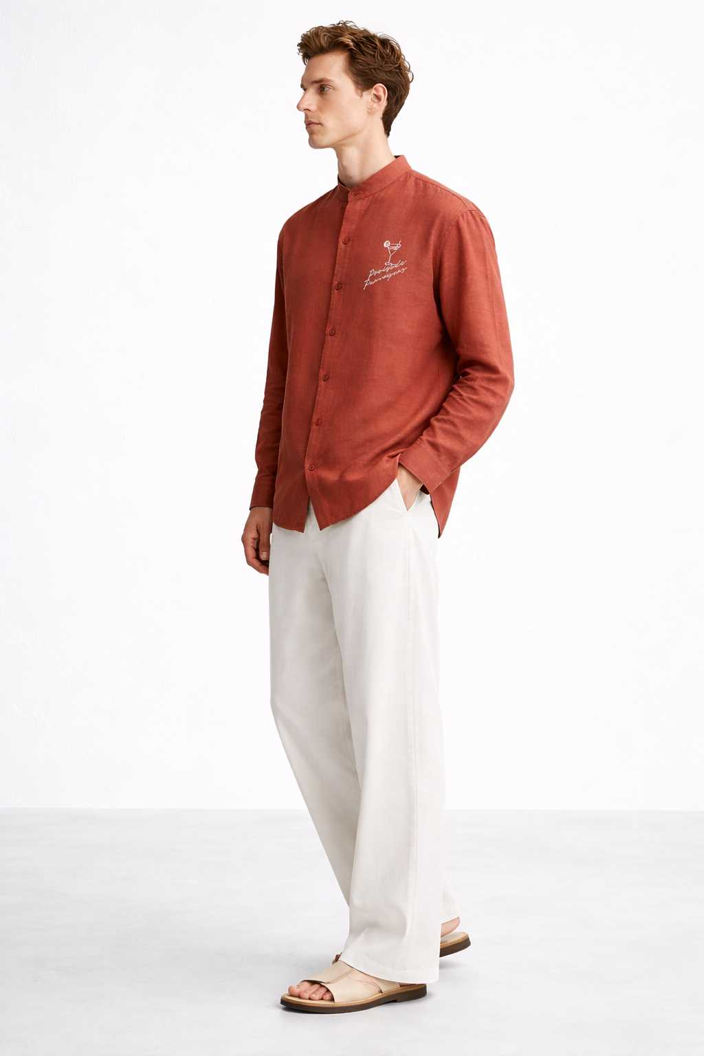 RUST BAND COLLAR LINEN SHIRT