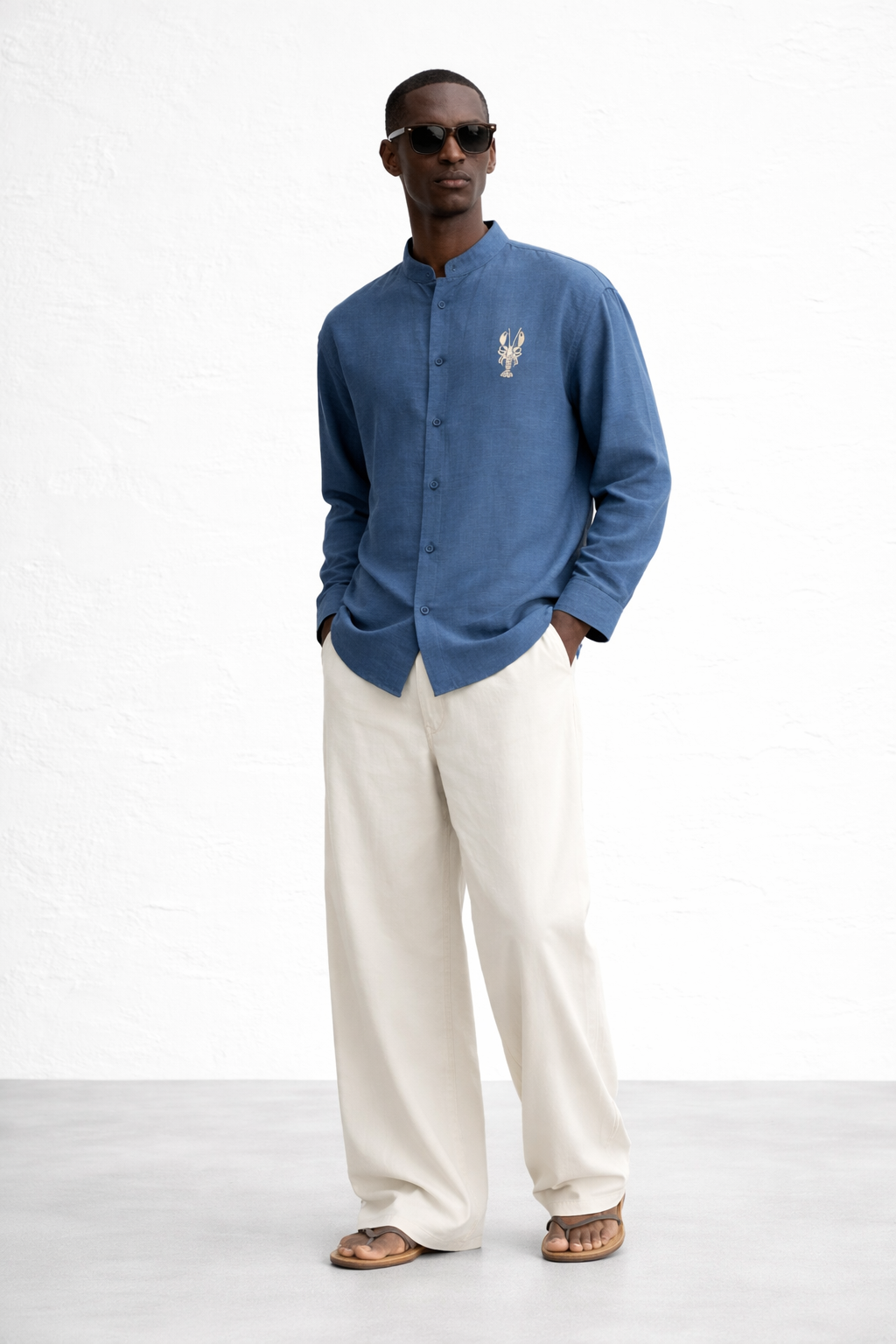 BLUE BAND COLLAR LINEN SHIRT