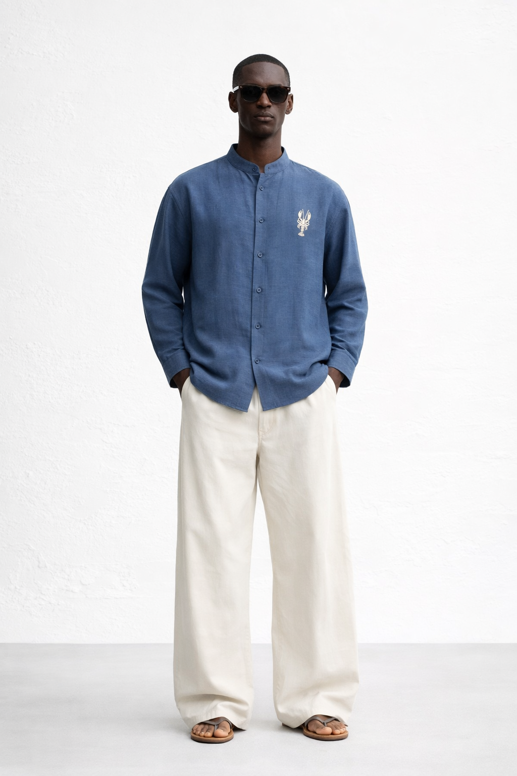 BLUE BAND COLLAR LINEN SHIRT