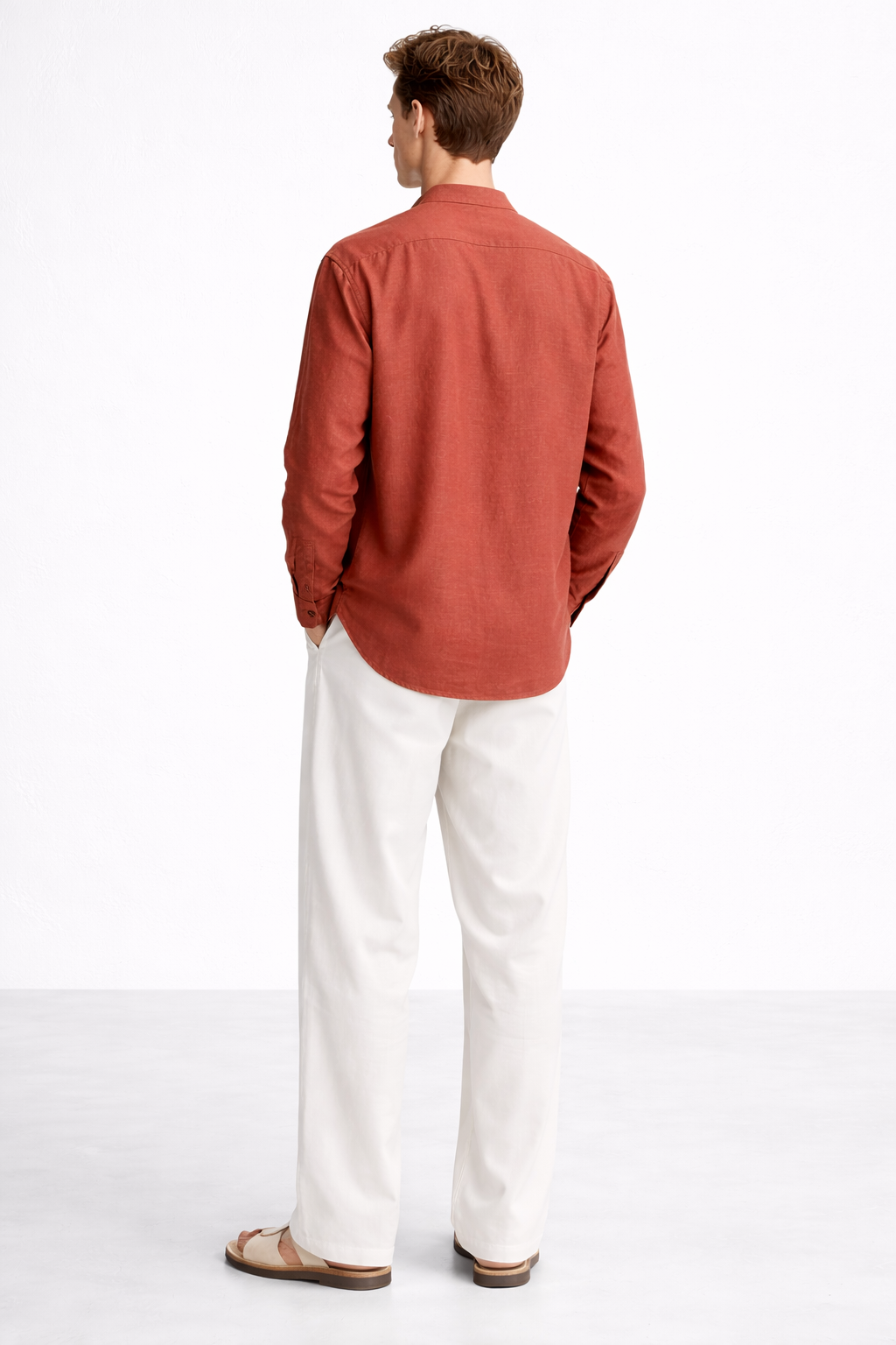 RUST BAND COLLAR LINEN SHIRT