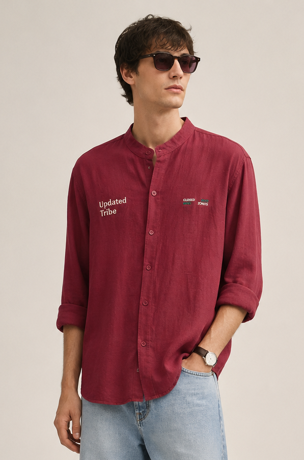 RED BAND COLLAR LINEN SHIRT
