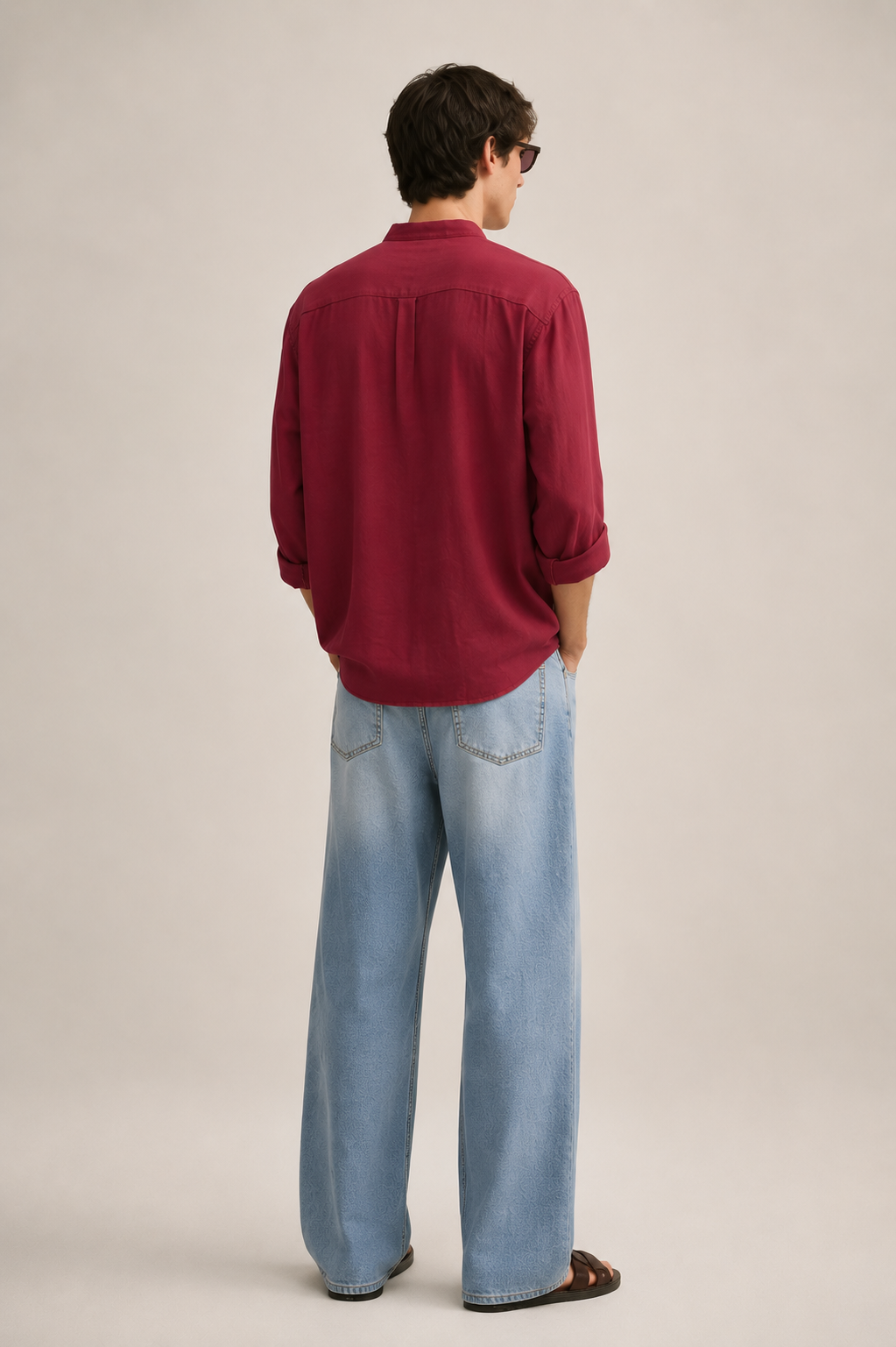 RED BAND COLLAR LINEN SHIRT
