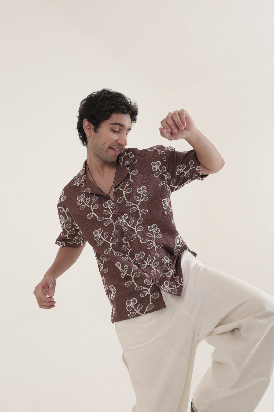 PETAL WORK BROWN EMBROIDERED SHIRT