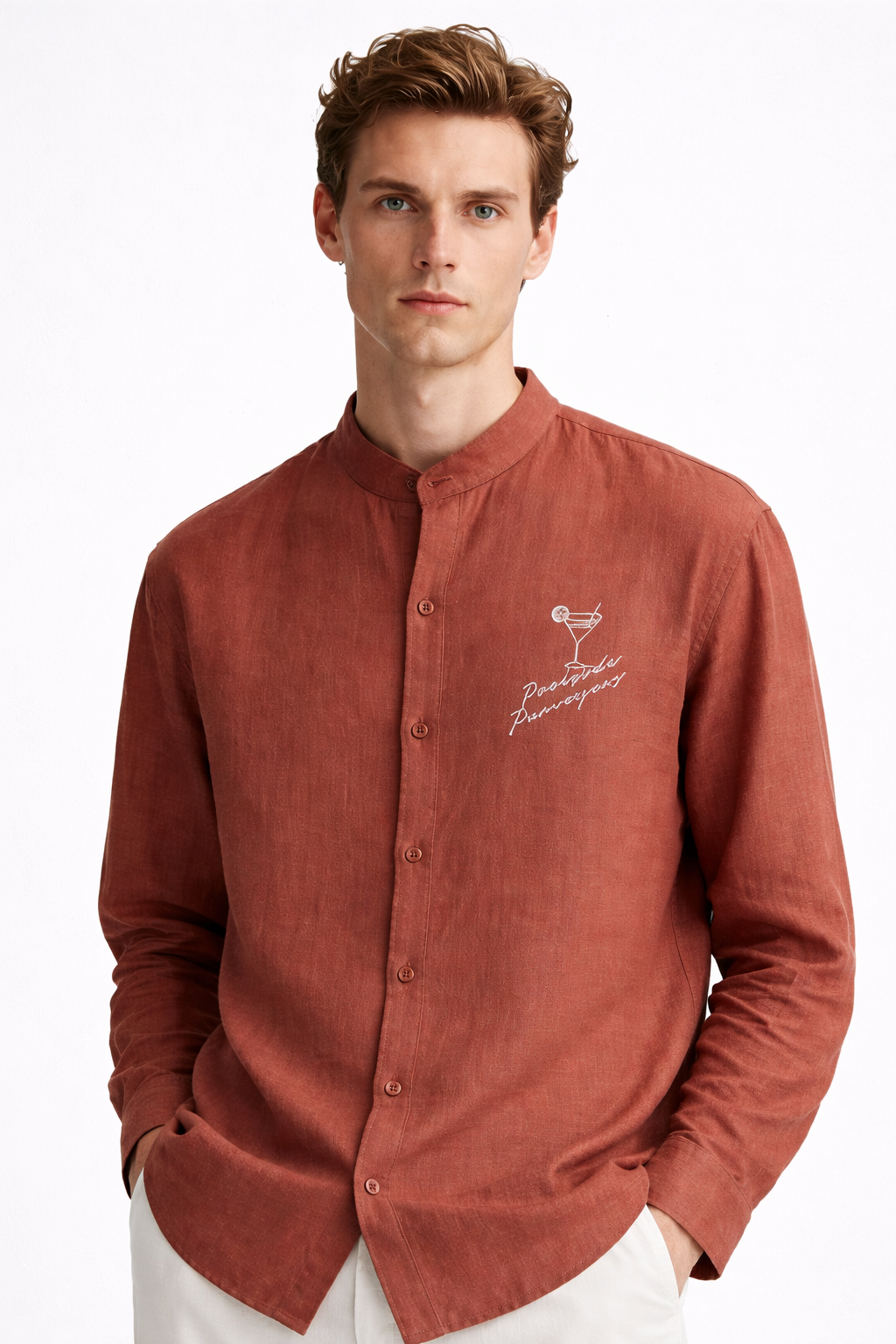 RUST BAND COLLAR LINEN SHIRT