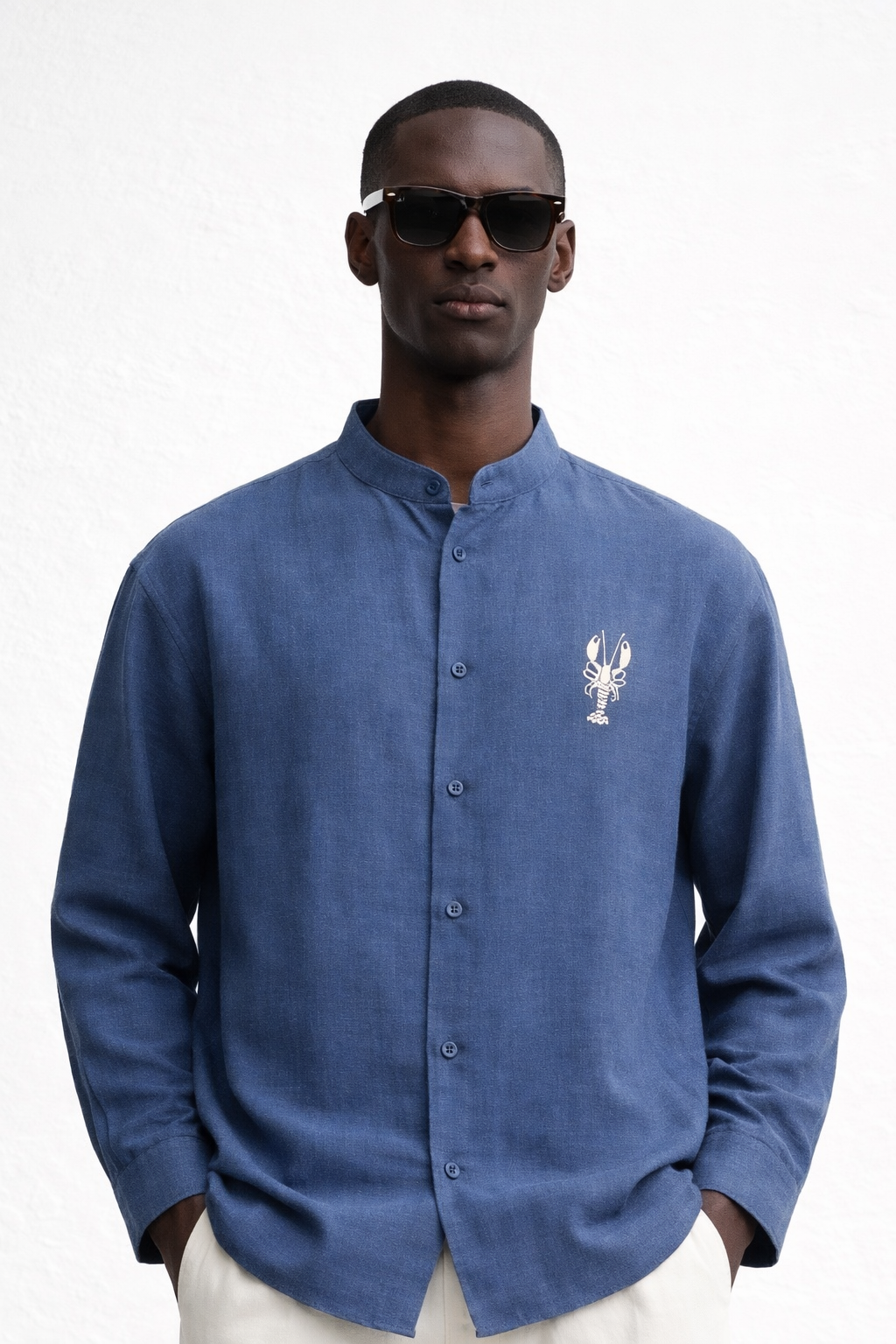 BLUE BAND COLLAR LINEN SHIRT