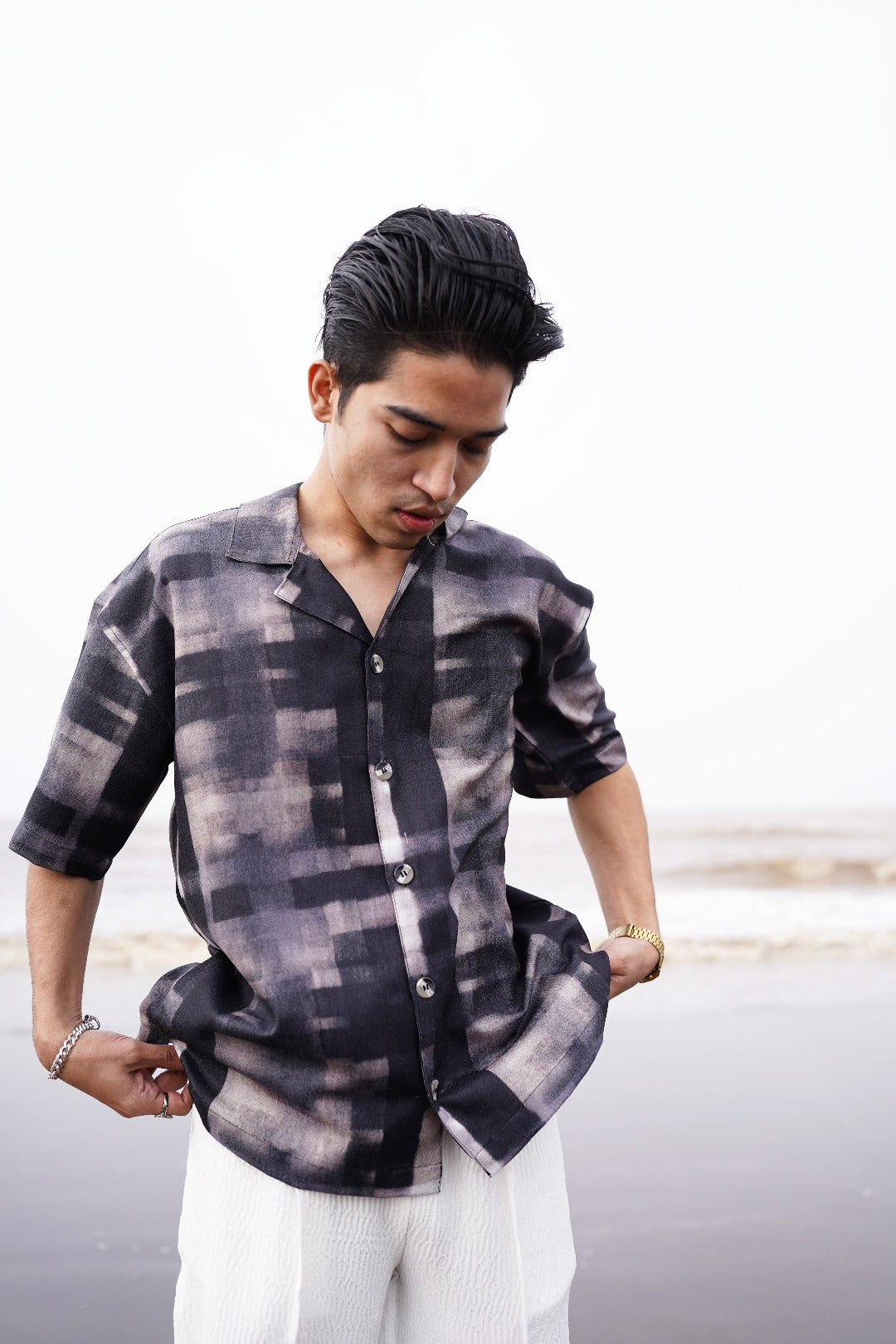 MONOTONE CHECK PRINTED LINEN SHIRT