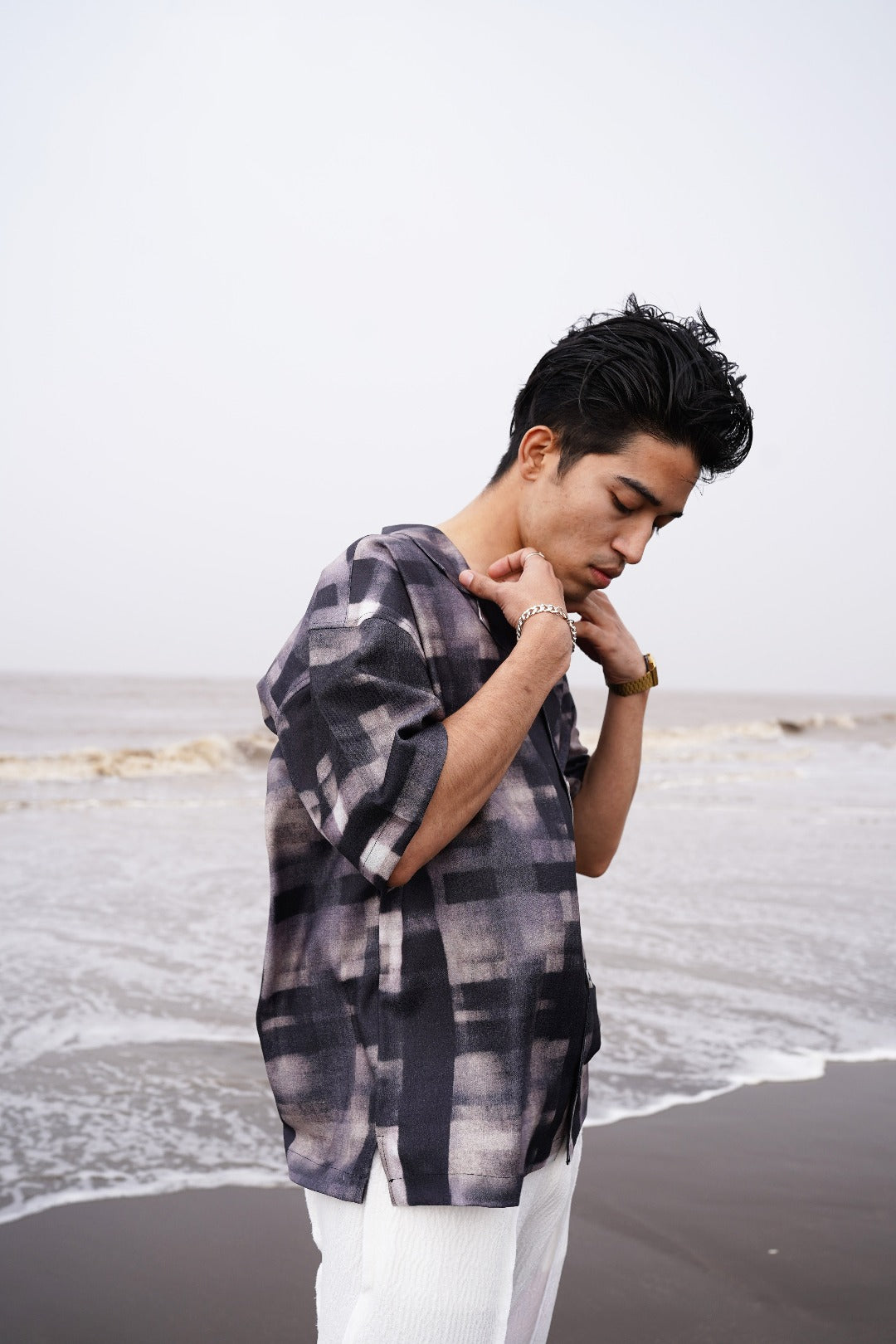 MONOTONE CHECK PRINTED LINEN SHIRT